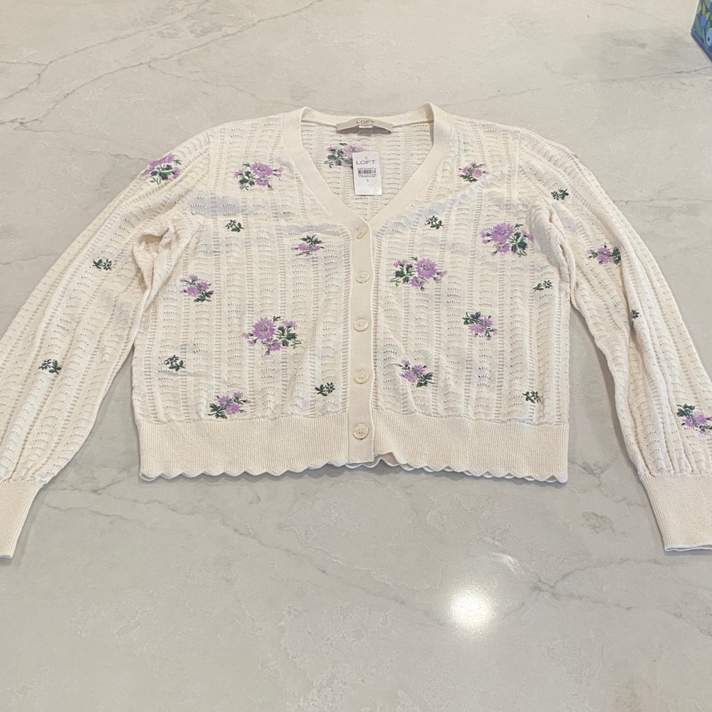 LOFT Cream and Purple Floral Cardigan
